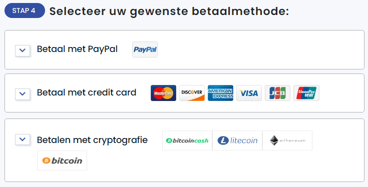 Screenshot van de betaalmethodes van FastestVPN