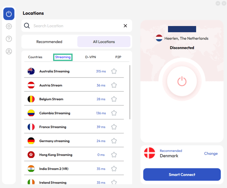 Screenshot van de streamingservers van FastestVPN waarbij 'Streaming' is uitgelicht