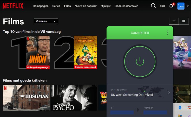 Screenshot Netflix USA en PIA VPN app verbonden met server in US