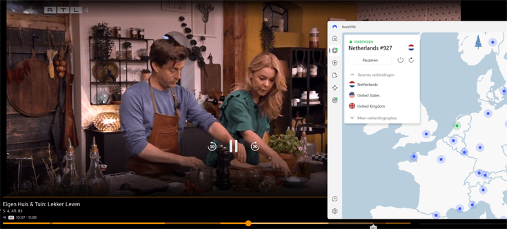 Screenshot van een stream van Eigen Huis & Tuin via Ziggo GO met daarnaast NordVPN verbonden met een Nederlandse server