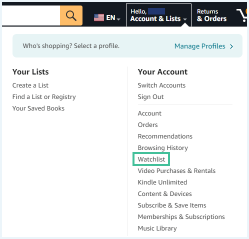 Screenshot van de menu-opties van Amazon.com met Watchlist gehighlight