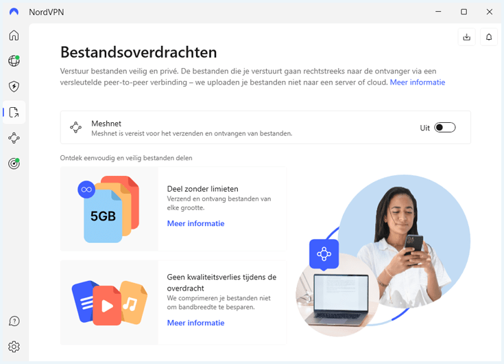 Tabblad van bestandsoverdracht in de Windows app van NordVPN