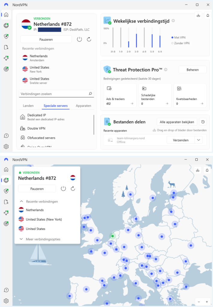 Windows app van NordVPN met overzicht op de homepage en mapview van de servers