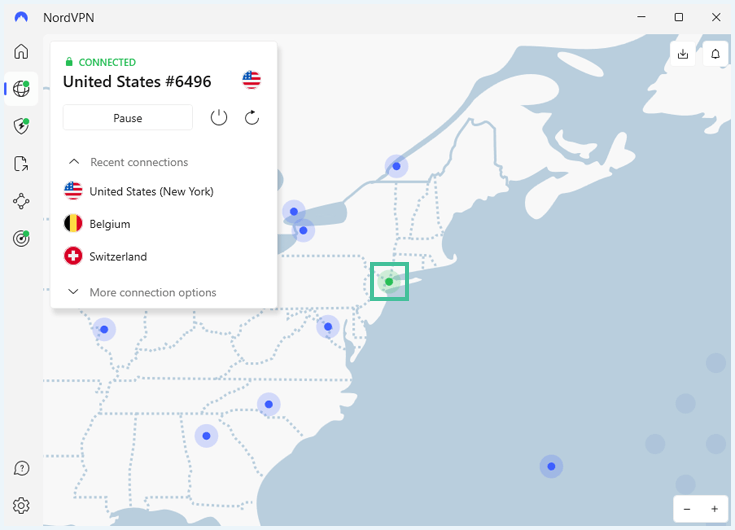 Screenshot van de Windows app van NordVPN verbonden met een server in New York