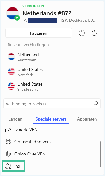 Lijst-view van de servers van NordVPN met de P2P servers gehighlight onder het kopje Speciale servers