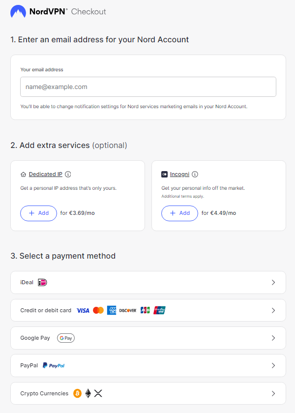 Screenshot van de checkout pagina op de website van NordVPN