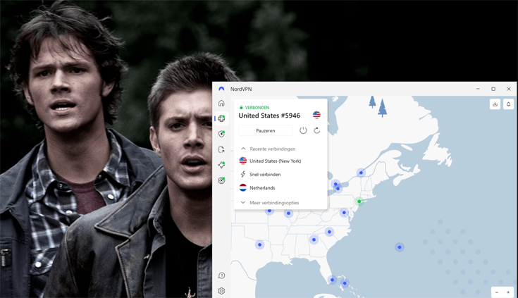 Screenshot van Supernatural op Netflix US met NordVPN verbonden met een Amerikaanse server