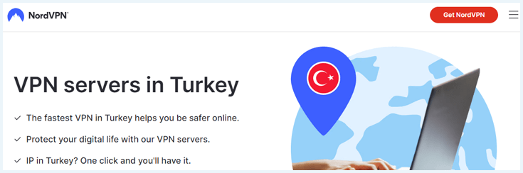 Screenshot van NordVPN website met informatie over VPN-servers in Turkije