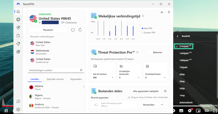 Screenshot van een YouTube video in de hoogste kwaliteit (4K) met NordVPN