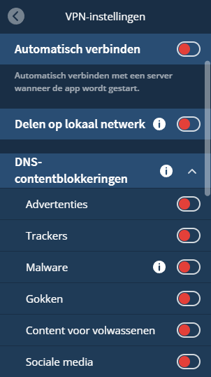 VPN-instellingen van Mullvad met de mogelijkheid om content op basis van DNS te blokkeren