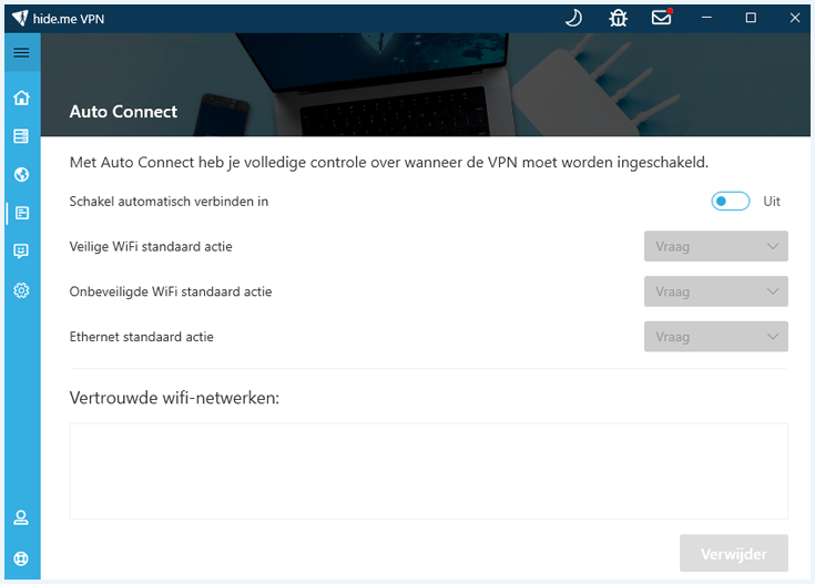 Instellingen voor auto-connect in de Hide.me-app