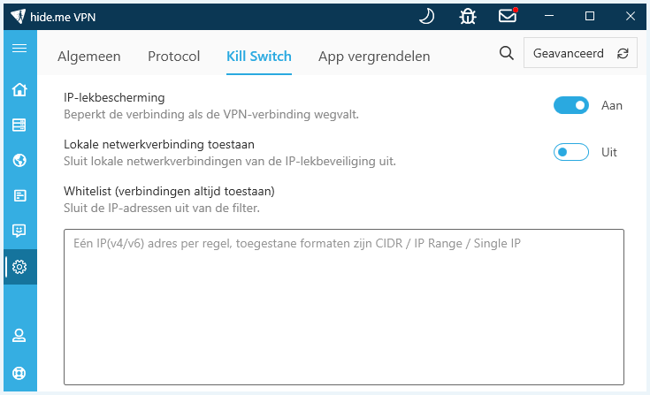 Instellingen voor de kill switch in de Hide.me-app