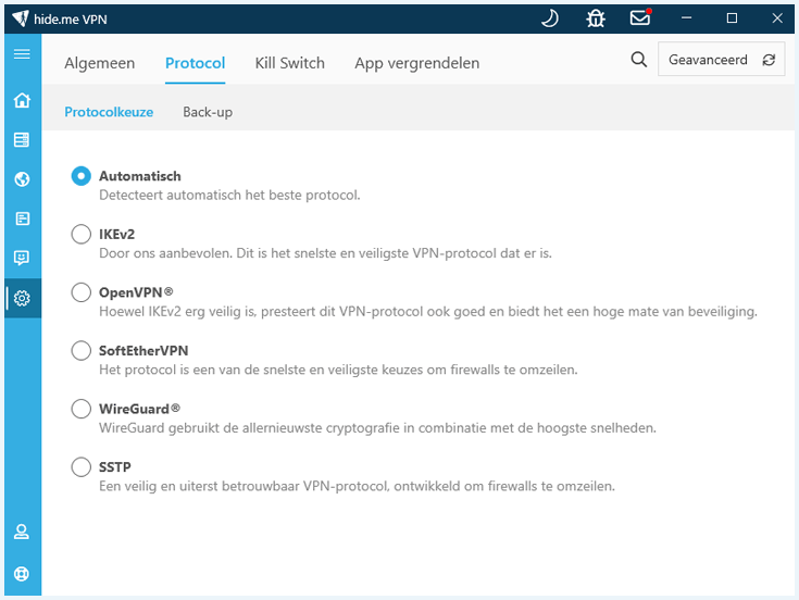Protocolkeuze in de app van Hide.me