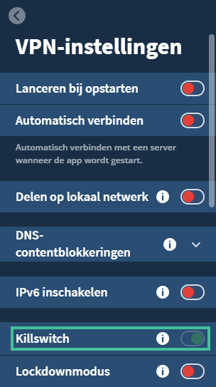 De kill switch in de VPN-instellingen van Mullvad