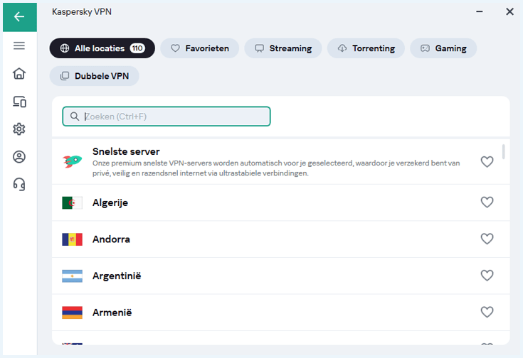 Serverselectie in de Windows app van Kaspersky Secure Connection VPN