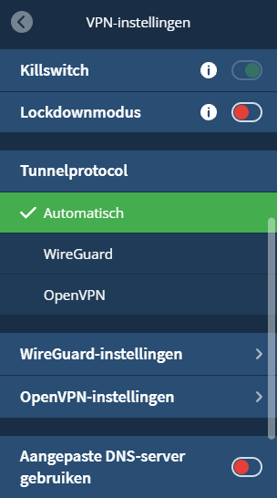 De protocolkeuze in de VPN-instellingen van Mullvad