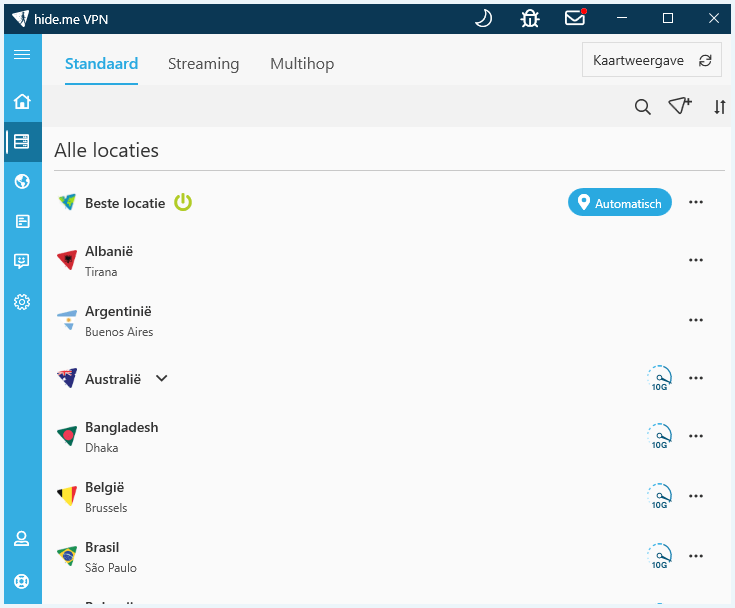 Overzicht van servers in de Hide.me-app inclusief streaming-servers en multi-hopopties