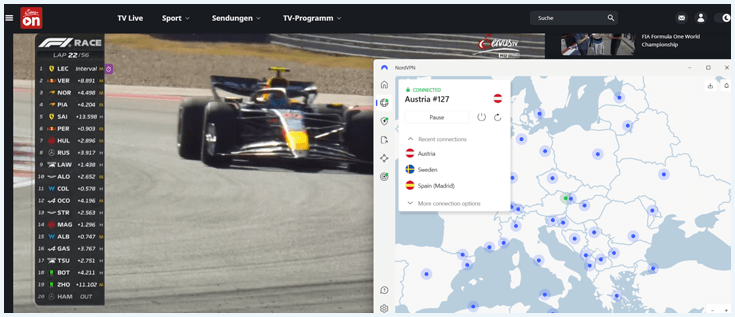 Stream van een F1-race op ServusTV met daarnaast een screenshot van NordVPN verbonden met een Oostenrijkse server