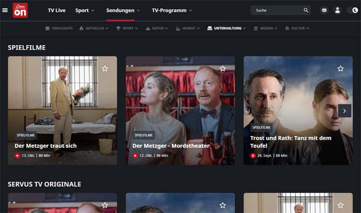 Screenshot van de pagina 'Unterhaltung' op ServusTV waar speelfilms te kijken zijn