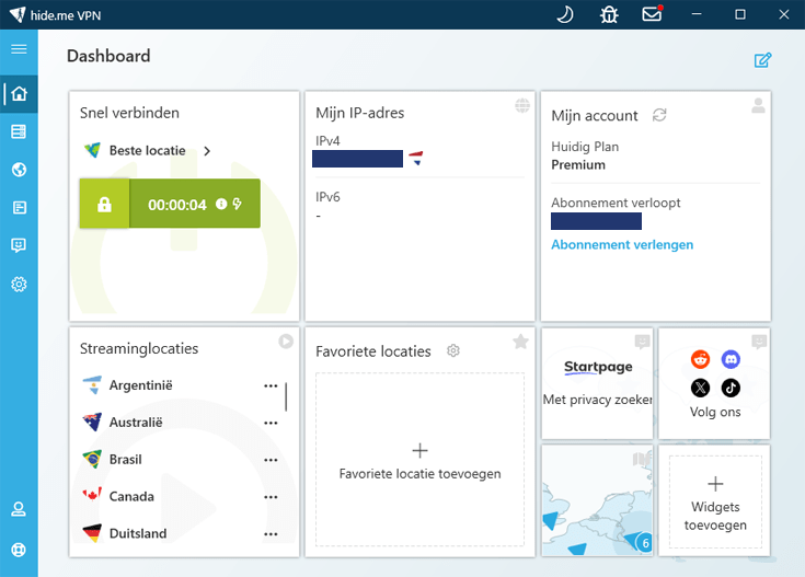 Homepage van de Windows app van Hide.me met links een button om verbinding te maken