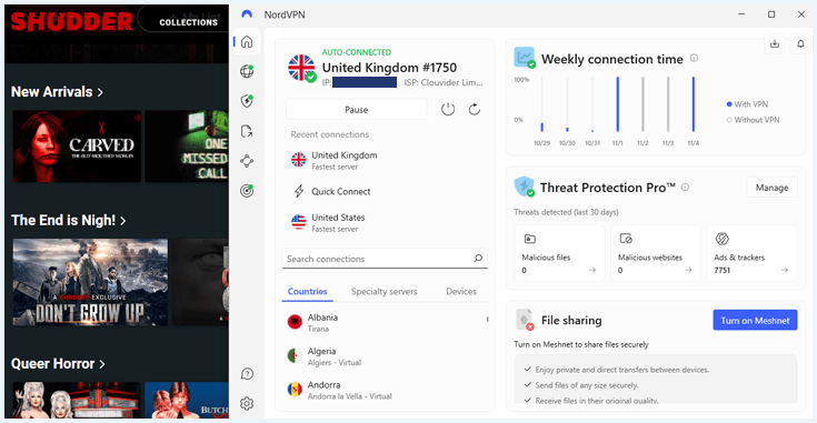 Shudder gedeblokkeerd met NordVPN en een Britse server
