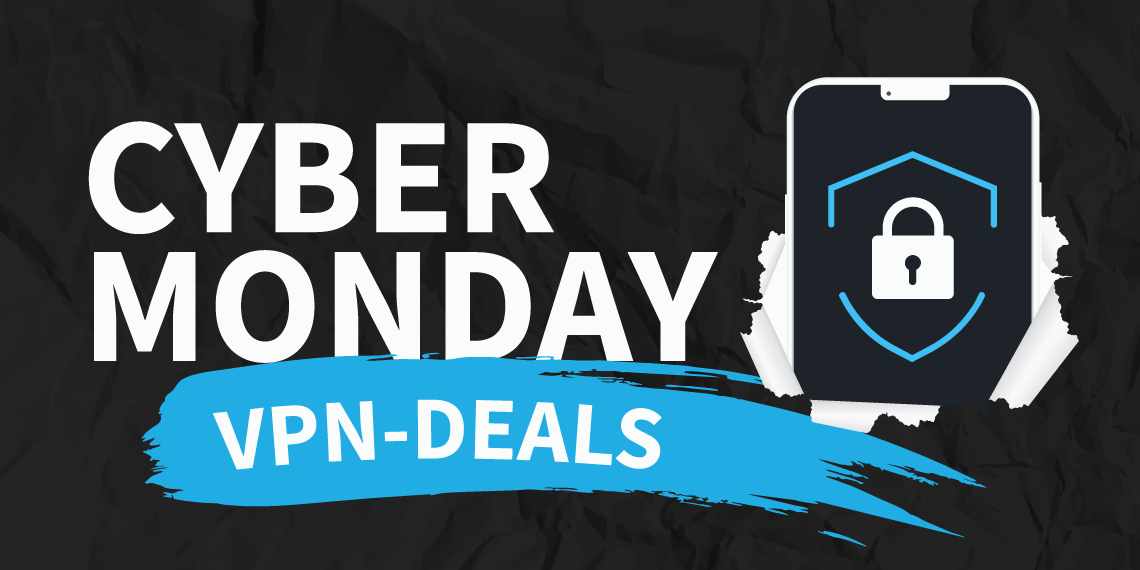 Een zwarte achtergrond met "Cyber Monday" in witte letters" en "VPN-Deals" op een blauwe veeg verf