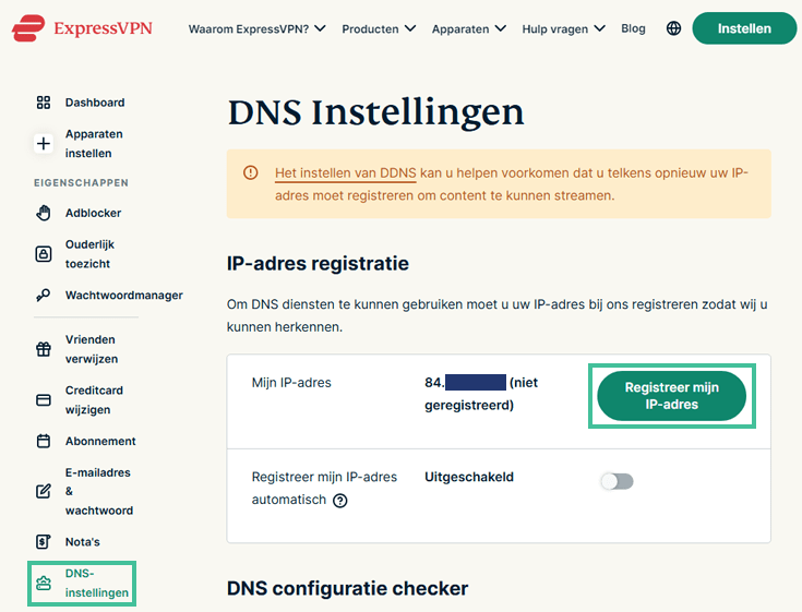 Menu met DNS-instellingen in het online account van ExpressVPN