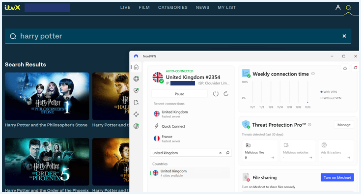 Een screenshot van Harry Potter op ITVX gedeblokkeerd door NordVPN