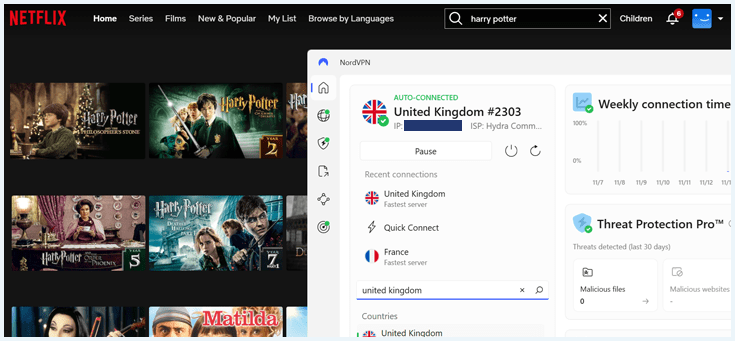 Een screenshot van Harry Potter op Netflix gedeblokkeerd door NordVPN
