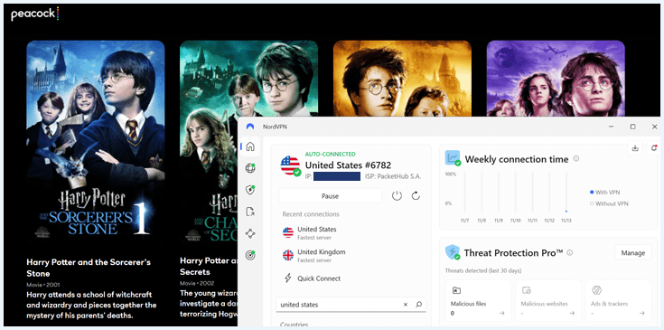 Een screenshot van Harry Potter op Peacock TV gedeblokkeerd door NordVPN