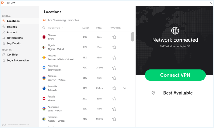 FastVPN-app bij het openen, nog niet verbonden met een server