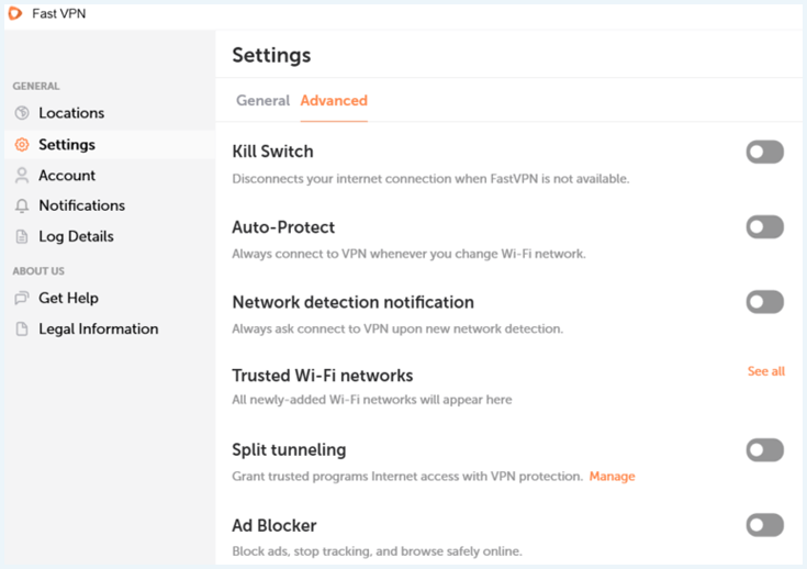 Screenshot van de geavanceerde instellingen in de FastVPN-app