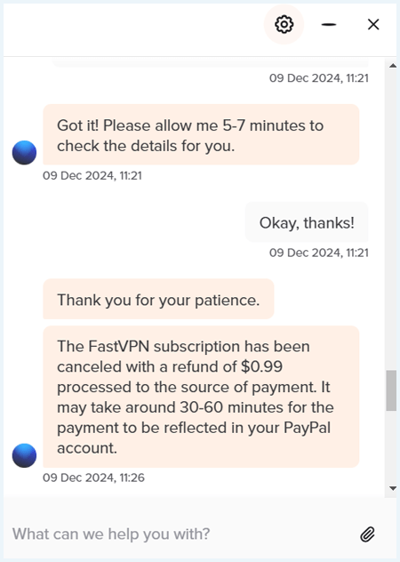 Screenshot van een gesprek met de live chat van FastVPN over de geld-terug-garantie