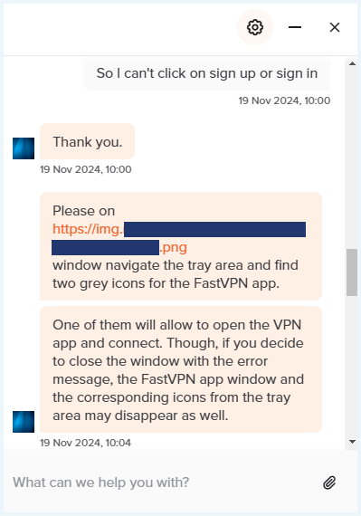 Screenshot van een gesprek met de klantenservice van FastVPN over een probleem