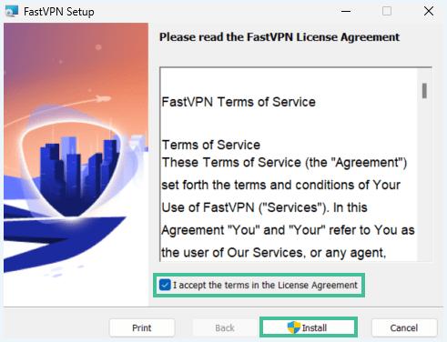 Screenshot van een pagina tijdens het installeren van FastVPN waarbij je de gebruikersovereenkomst moet accepteren