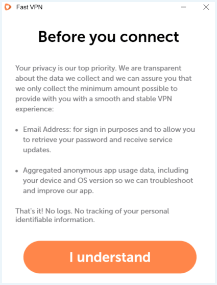 Melding van FastVPN tijdens de installatieprocedure waarbij beschreven wordt welke informatie er wordt verzameld