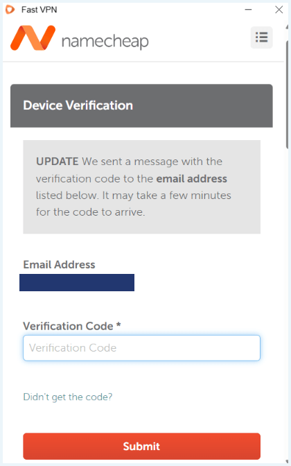 Scherm dat je tijdens de installatieprocedure van FastVPN krijgt, waarbij je een verificatiecode moet invullen die naar je e-mail is verstuurd