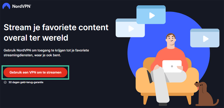 Homepage van NordVPN met rode button om een abonnement af te sluiten