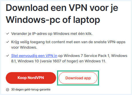 Screenshot van de website van NordVPN met button om de app te downloaden