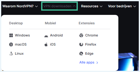 NordVPN menu showing the various apps and browser extensions