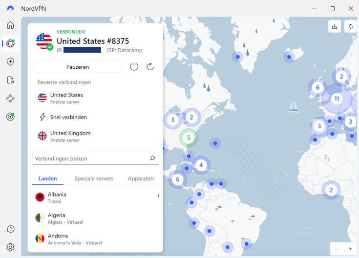 NordVPN verbonden met een server in de VS