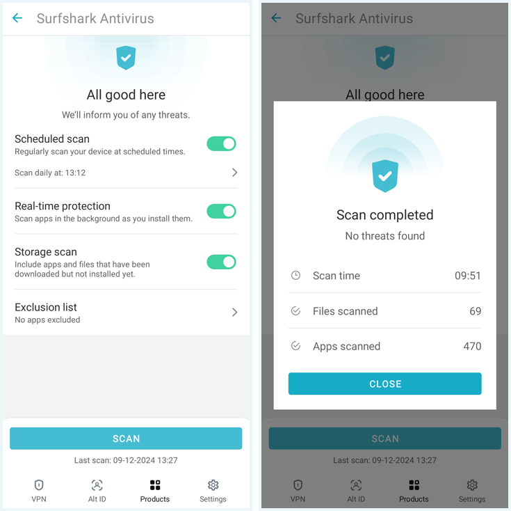 Screenshots van de Android app van Surfshark Antivirus. Links is het menu te zien, rechts de melding bij een voltooide scan
