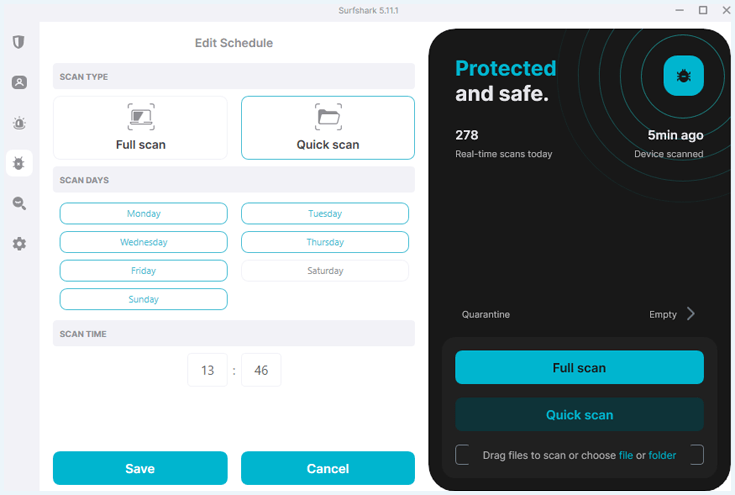 Surfshark Antivirus menu met de mogelijkheid op snelle en volledige scans in te plannen