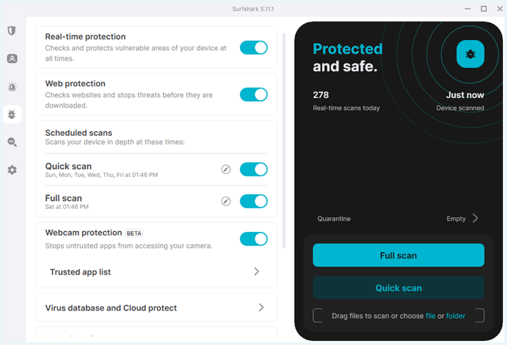 Windows app van Surfshark met het antivirusmenu