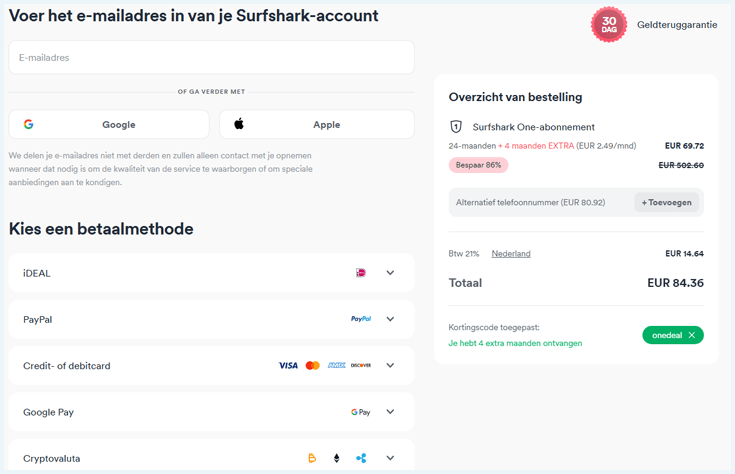 Webpagina van Surfshark waar je een betaalmethode moet kiezen