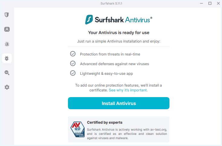 App van Surfshark waarbij de Antivirus nog niet geïnstalleerd is. Met de blauwe knop kan de installatie gestart worden