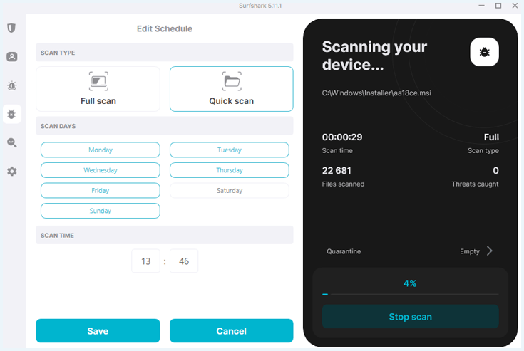 Surfshark Antivirus tijdens het uitvoeren van een volledige scan