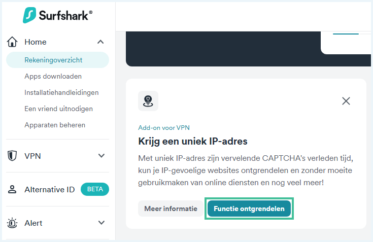 Surfshark account met de optie om een dedicated IP adres aan te vragen