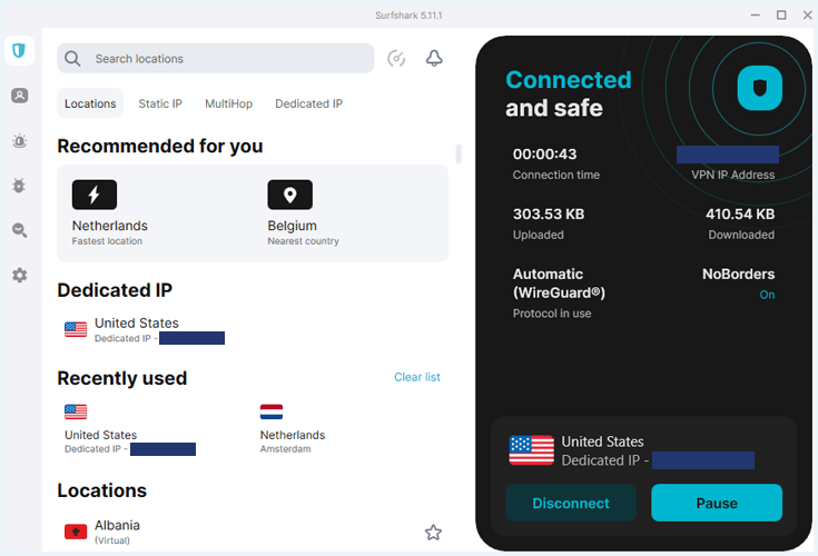 Surfshark Windows app verbonden met een dedicated IP