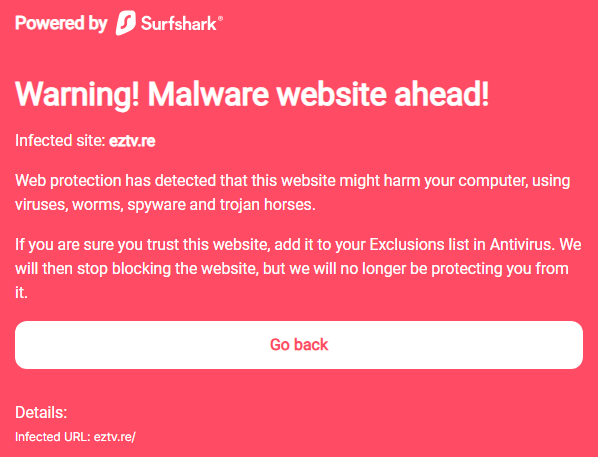 Waarschuwing van Surfshark bij het bezoeken van een website met mogelijke malware